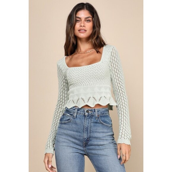 Lulus Tops - Lulus Lucky Cutie Sage Green Crochet Long Sleeve Sweater Top - Size L